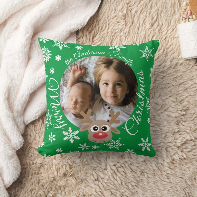 Kerstfoto Groen Wit Script Schattige rendier Kussen (Deken)
