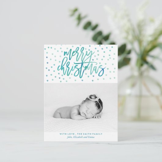 Kerstfoto groene Waterverf Typografie Feestdagenkaart (Staand voorkant)