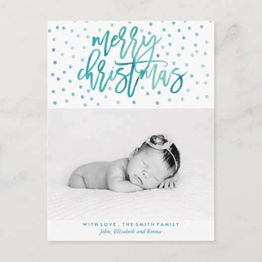 Kerstfoto groene Waterverf Typografie Feestdagenkaart (Voorkant)