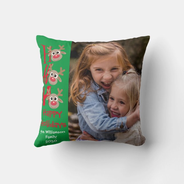 Kerstfoto Ho Ho Ho Cartoon rendieren groen Kussen (Achterkant)