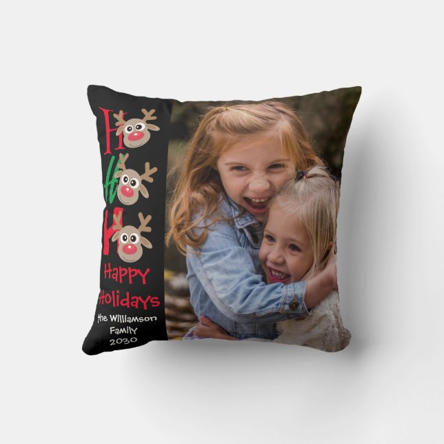 Kerstfoto Ho Ho Ho Cartoon rendieren zwart Kussen (Achterkant)