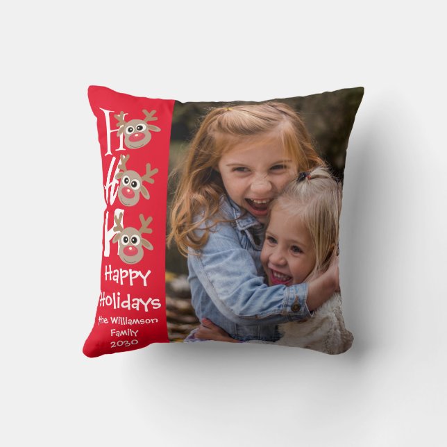 Kerstfoto Ho Ho Ho Cartoon rendieren zwart Kussen (Achterkant)