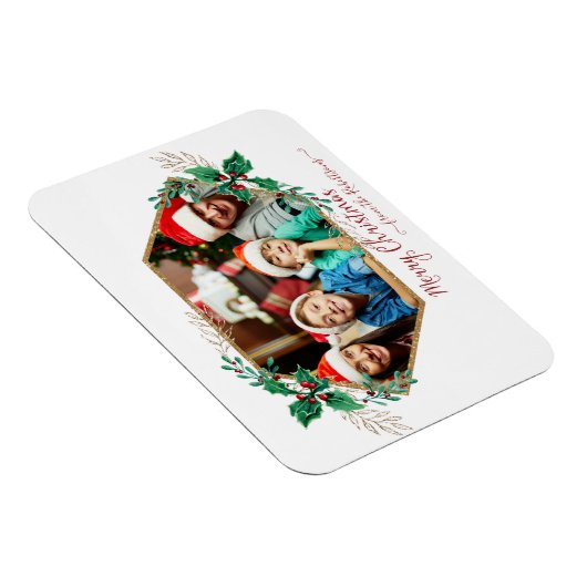 Kerstfoto Holly Berry Gold Glitter Script Magneet (Rechterzijde)