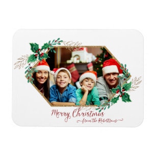 Kerstfoto Holly Berry Gold Glitter Script Magneet