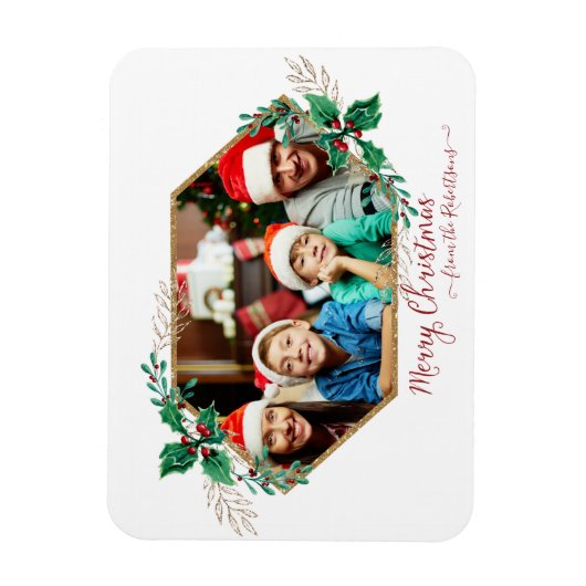 Kerstfoto Holly Berry Gold Glitter Script Magneet (Verticaal)