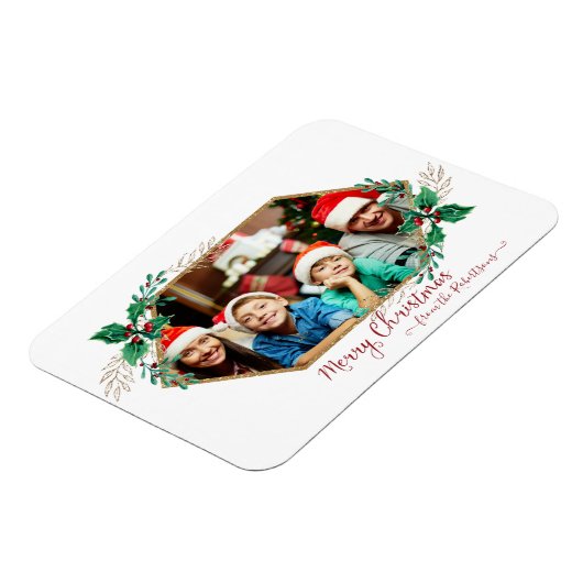 Kerstfoto Holly Berry Gold Glitter Script Magneet (Linkerzijde)