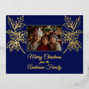 Kerstfoto Holly Branches Blauw Botanisch Folie Feestdagen Briefkaart