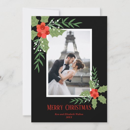 Kerstfoto Holly en Berries Feestdagenkaart (Voorkant)