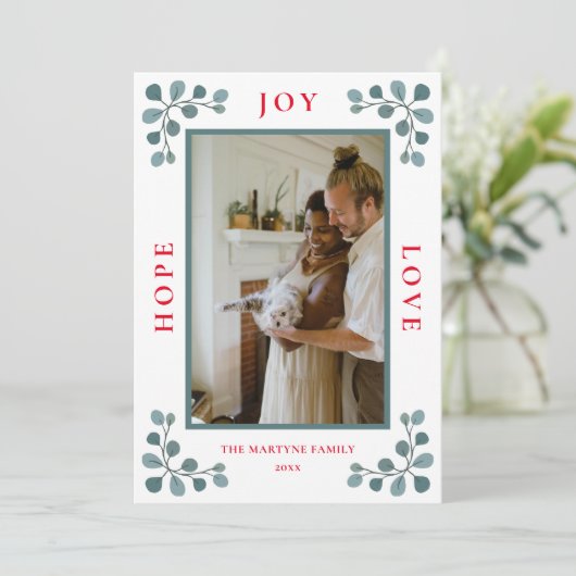 Kerstfoto Hoop Joy Love Eucalyptus Leah Ho Feestdagenkaart (Staand voorkant)