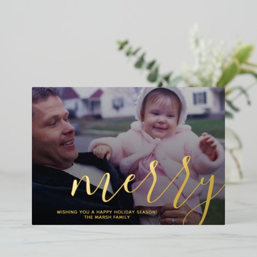 Kerstfoto, horizontaal met Gold MERRY Folie Feestdagenkaart (Staand Voorkant)