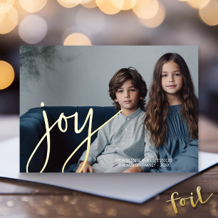 Kerstfoto horizontaal script Gold JOY navy Folie Feestdagenkaart