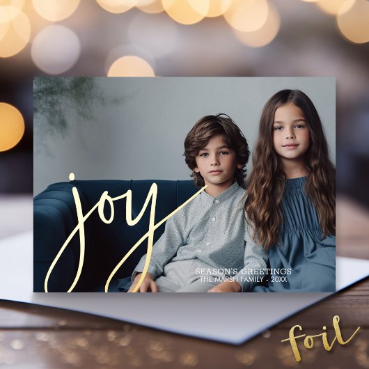 Kerstfoto horizontaal script Gold JOY navy Folie Feestdagenkaart
