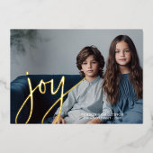 Kerstfoto horizontaal script Gold JOY navy Folie Feestdagenkaart (Voorkant)