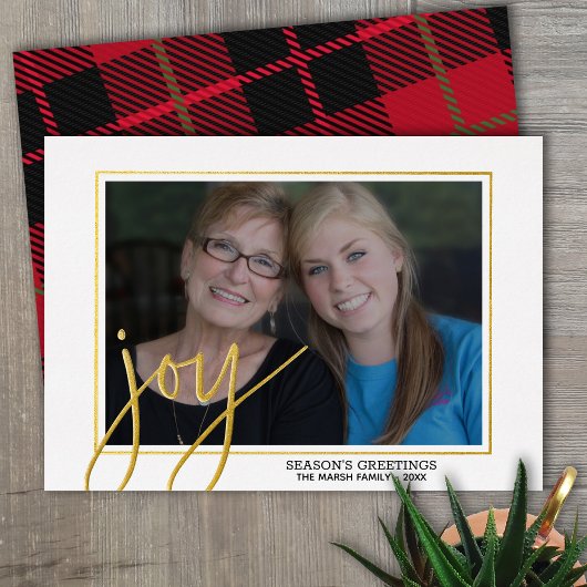 Kerstfoto horizontaal script Gold JOY plaid Folie Feestdagenkaart