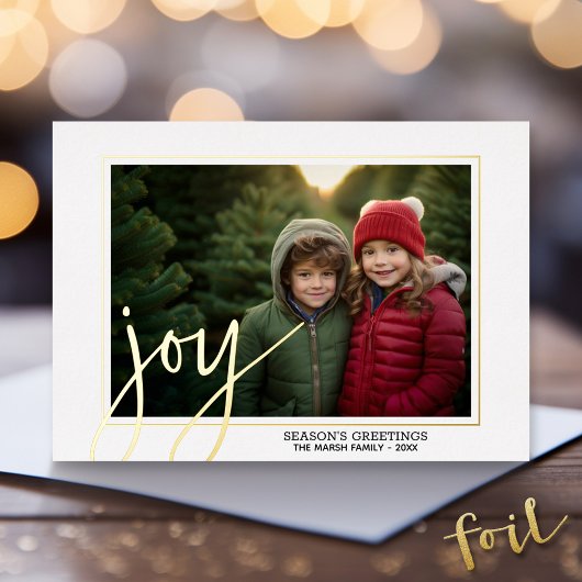 Kerstfoto Horizontale Script Gold JOY in Folie Feestdagenkaart