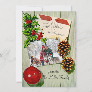Kerstfoto in vintage bosland-stijl feestdagenkaart