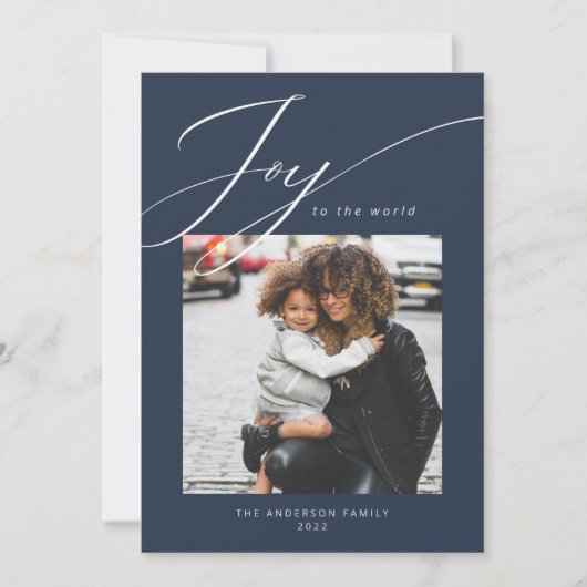 Kerstfoto 'Joy to the World' in marineblauwe kerst Feestdagenkaart (Voorkant)