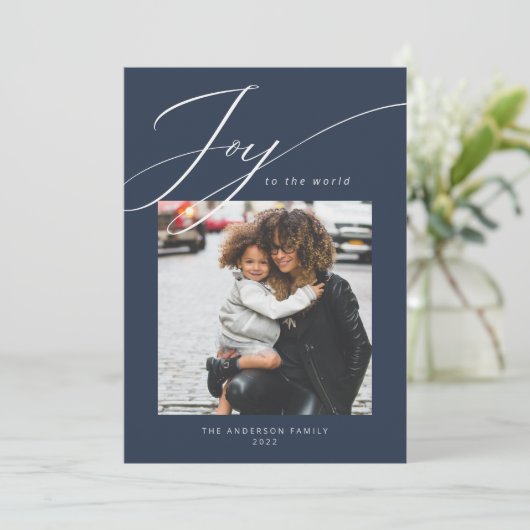 Kerstfoto 'Joy to the World' in marineblauwe kerst Feestdagenkaart (Staand voorkant)