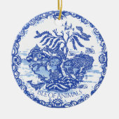 kerstfoto Kat Dog Datum Blauw Willow Keramisch Ornament (Voorkant)