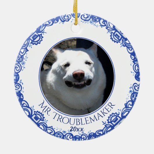 kerstfoto Kat Dog Datum Blauw Willow Keramisch Ornament (Achterkant)