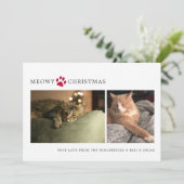Kerstfoto kerstkaart met 'Meowy Christmas' (Staand voorkant)