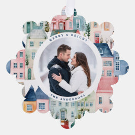 Kerstfoto Kleurrijke huizen Blauwe vakantie Ornament Kaart