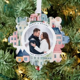 Kerstfoto Kleurrijke huizen Blauwe vakantie Ornament Kaart