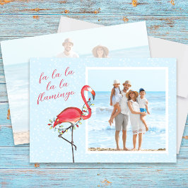 Kerstfoto Leuk strand Roze Tropische Flamingo Feestdagenkaart