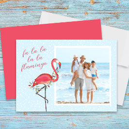 Kerstfoto Leuk strand Roze Tropische Flamingo Feestdagenkaart