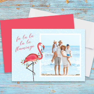 Kerstfoto Leuk strand Roze Tropische Flamingo Feestdagenkaart