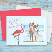 Kerstfoto Leuk strand Roze Tropische Flamingo Feestdagenkaart
