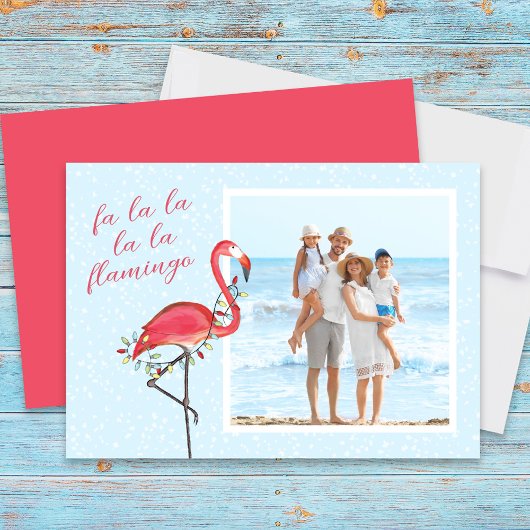 Kerstfoto Leuk strand Roze Tropische Flamingo Feestdagenkaart