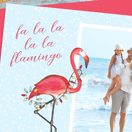 Kerstfoto Leuk strand Roze Tropische Flamingo Feestdagenkaart