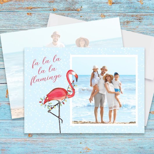 Kerstfoto Leuk strand Roze Tropische Flamingo Feestdagenkaart