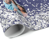 Kerstfoto marineblauw zilver confetti cadeaupapier (Rol Hoek)