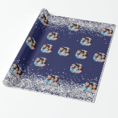 Kerstfoto marineblauw zilveren confetti cadeaupapier (Uitgerold)