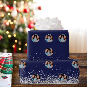 Kerstfoto marineblauw zilveren confetti cadeaupapier