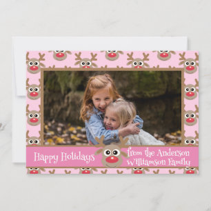 Kerstfoto Meisje Roze Schattige rendierpatroon Feestdagenkaart