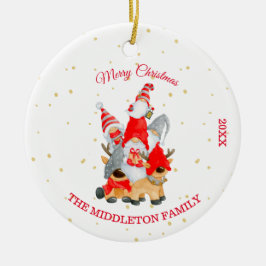 kerstfoto Merry Greeting Deer Gnomes Keramisch Ornament
