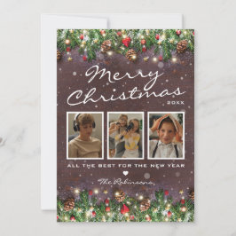 Kerstfoto met 3 foto's op hout feestdagenkaart