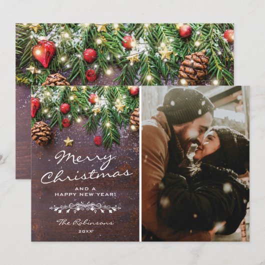 Kerstfoto met antieke houten uitstraling feestdagenkaart (Voorkant / Achterkant)