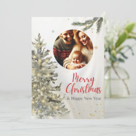 Kerstfoto met boom en gelukkig nieuwjaar kaart
