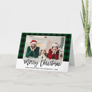 Kerstfoto met borstelfamilie in groene ruit feestdagen kaart