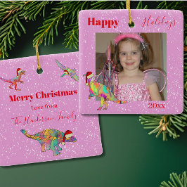 Kerstfoto met dinosauriërs Op maat gemaakt roze Keramisch Ornament