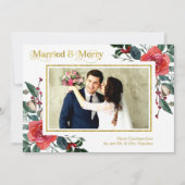 Kerstfoto met gehuwde en Merry Red Floral Kaart (Voorkant)