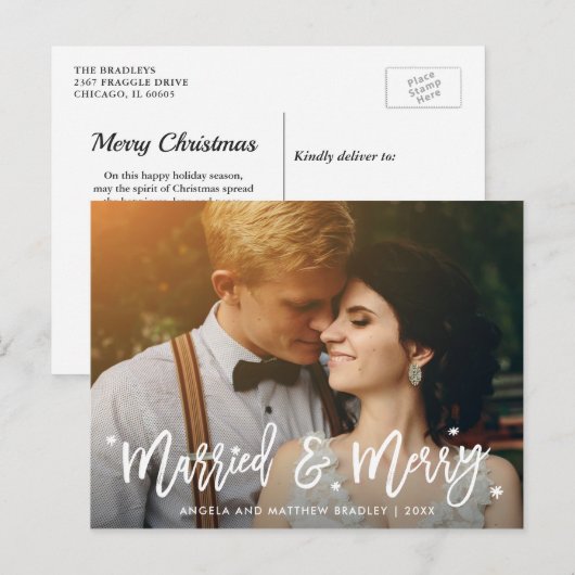 Kerstfoto met gehuwde en prettige kalligrafie briefkaart (Voorkant / Achterkant)