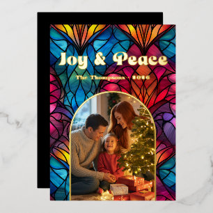 Kerstfoto met glas-in-loodraam 'Vreugde & Vrede' Folie Feestdagenkaart