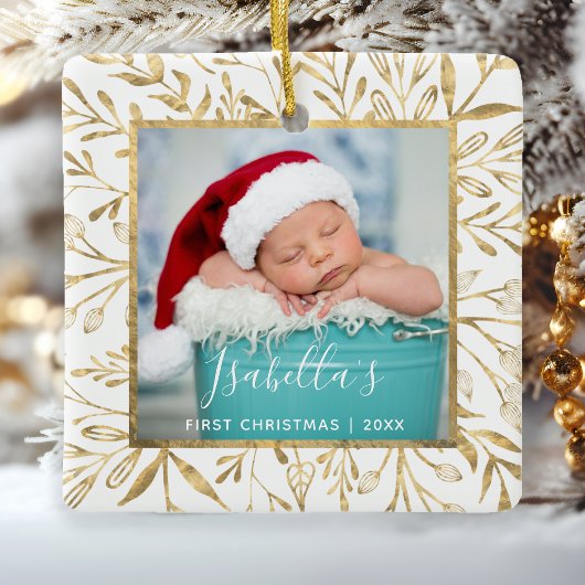 Kerstfoto met goud bladmotief wit voor baby's eers keramisch ornament
