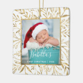 Kerstfoto met goud bladmotief wit voor baby's eers keramisch ornament (Links)