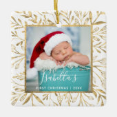 Kerstfoto met goud bladmotief wit voor baby's eers keramisch ornament (Voorkant)